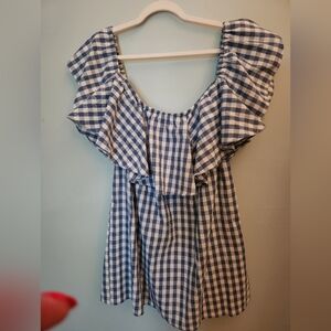 MISA LA blue gingham Off Shoulder Mini Dress